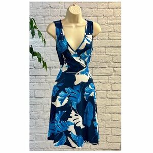 Navy Tropical Leaf Print Wrap-Front Sleeveless Midi Dress Sz Small